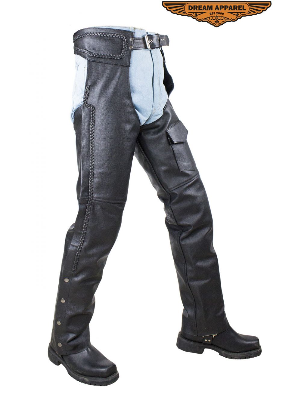 Braided Naked Cowhide Leather Black Chaps W/ Mesh & Zipout Lining