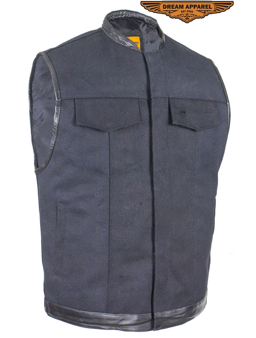 Mens Black Canvas Biker Vest With Leather Trims