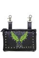 Studded Naked Cowhide Black Leather Belt Bag W/ Lime Green Wings